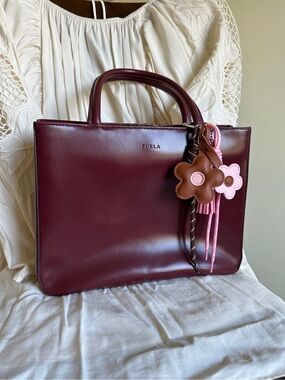 Furla Burgundy Leather Satchel with Pink & Brown Flower Charm